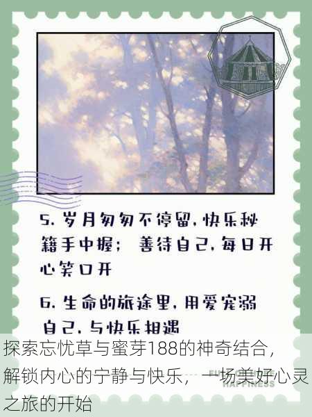 探索忘忧草与蜜芽188的神奇结合,解锁内心的宁静与快乐,一场美好心灵之旅的开始