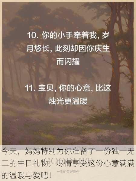今天，妈妈特别为你准备了一份独一无二的生日礼物，尽情享受这份心意满满的温暖与爱吧！