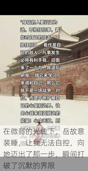 在微弱的光线下，岳故意装睡，让我无法自控，向她迈出了那一步，瞬间打破了沉默的界限