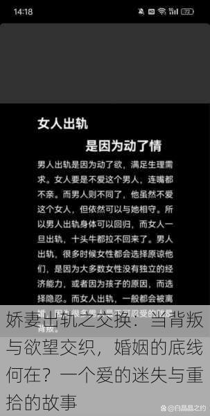 娇妻出轨之交换:当背叛与欲望交织,婚姻的底线何在?一个爱的迷失与重拾的故事