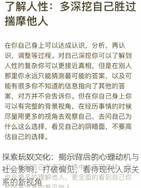探索玩奴文化:揭示背后的心理动机与社会影响,打破偏见,看待现代人际关系的新视角